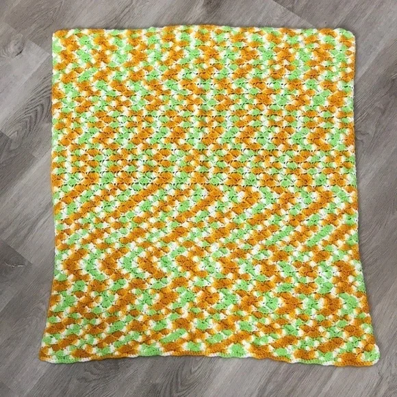 Green Orange White Crochet Knitted Afghan Blanket Handmade - Picture 3 of 3